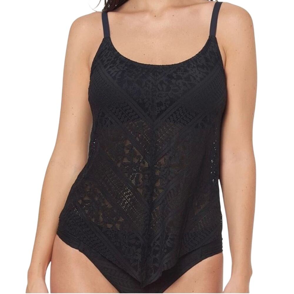 Bleu Rod Beattie NWT Black Lace Flyaway Tankini Top Size 14D Underwire Bra
